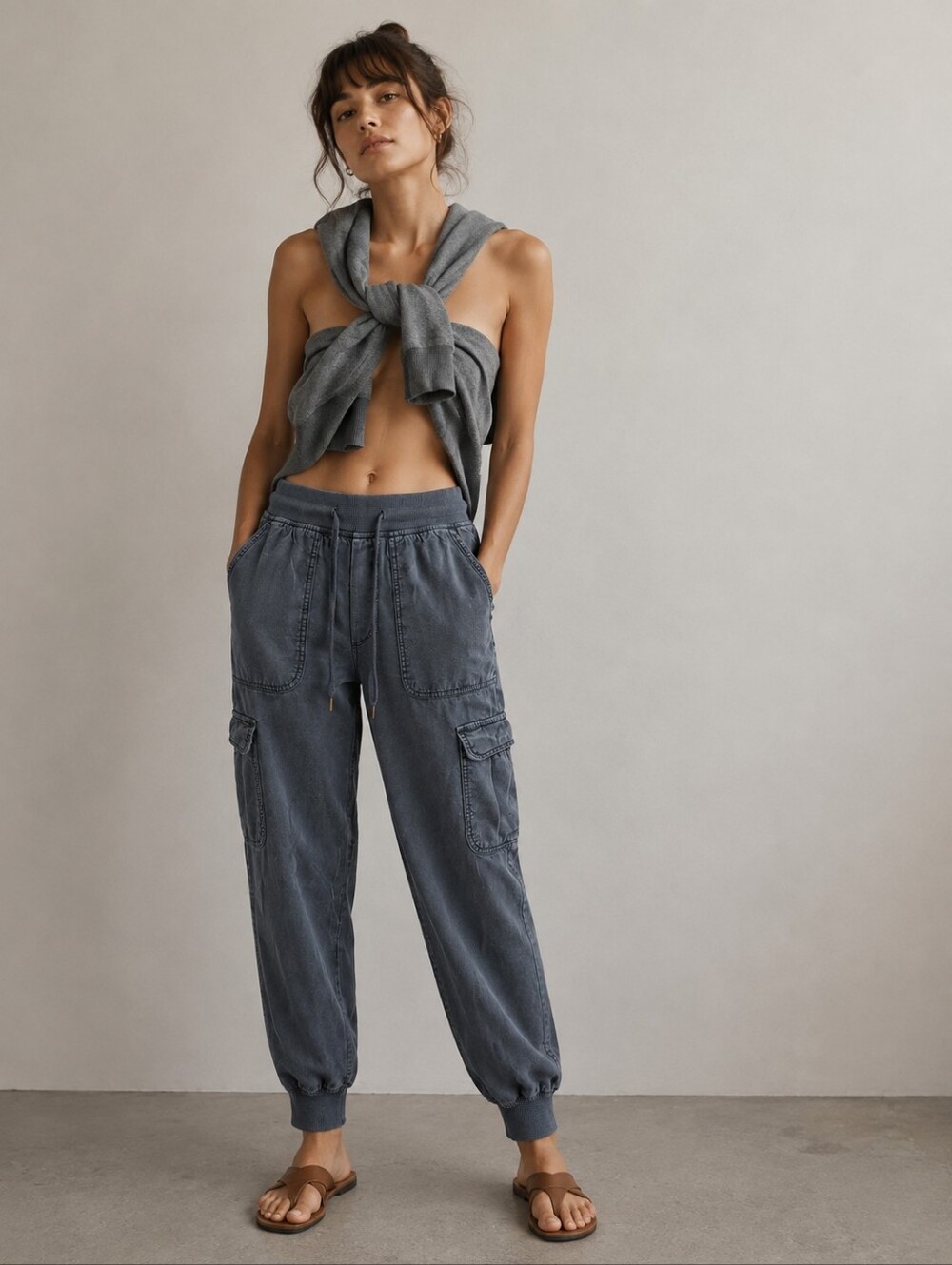 American Eagle Gray Washed Cargo Jogger Pants Ribbed Waist Size Small
